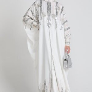 Luxury Cosmic Blossom Embellished Open Abaya with Front Zip - White